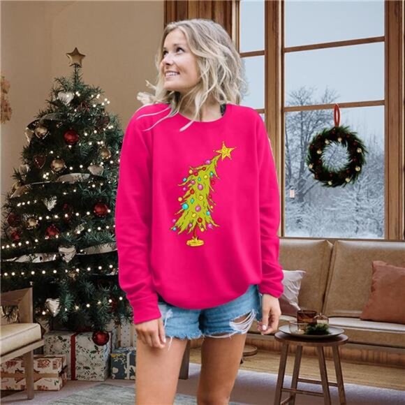 Women’s Christmas Sweatshirt - Cute Tree Graphic Long Sleeve Shirt - Picture 3 of 7